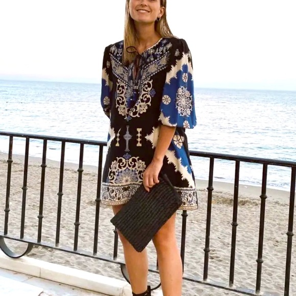 Zara Dresses & Skirts - Zara Blue Printed Boho Embroidered Kaftan Dress Tassel Size S New Bloggers Fave
